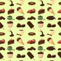 Chocolate various tasty sweets seamless pattern background candies sweet brown delicious gourmet sugar cocoa snack