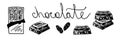 Chocolate vector illustration. Opened chocolate bar, chocolate wedges, chocolate pieces, cocoa beans and lettering