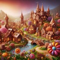 A chocolate village with river in a fantasy land, colorful chocolate flowers, houses, beautiful scene, wallpaper Royalty Free Stock Photo