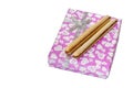 Chocolate wafers on the pink gift box with bow Royalty Free Stock Photo