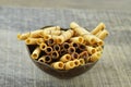 Chocolate waffle roll and vanilia waffle in bowl Royalty Free Stock Photo