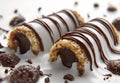 Chocolate waffle sticks and a chocolate splash are depicted in a 3D rendering, alongside a crispy wafer roll filled with chocolate Royalty Free Stock Photo
