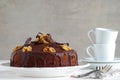 Chocolate walnut cake with chocolate glazing Royalty Free Stock Photo