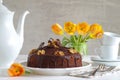 Chocolate walnut cake with chocolate glazing Royalty Free Stock Photo