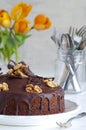 Chocolate walnut cake with chocolate glazing Royalty Free Stock Photo