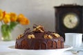 Chocolate walnut cake with chocolate glazing Royalty Free Stock Photo