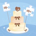 Chocolate wedding cake with ribbons and heart Wedding template Vector