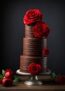 Chocolate wedding cake with three tiers and red roses