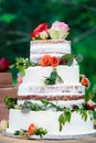 A chocolate wedding cake with white frosting and red, pink, and orange flowers with green leaves - wedding cake series Royalty Free Stock Photo