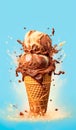 Chocolate and White Chocolate Cold Dessert in a Cone. Blue Background. Generative AI.