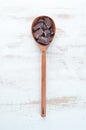 Chocolate in a wooden spoon. cocoa.