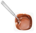 Chocolate yogurt and spoon in plastic cup Royalty Free Stock Photo