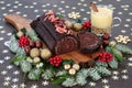 Chocolate Yule Log Cake and Eggnog