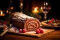 a Chocolate Yule Log Christmas cake adorned with red currants Royalty Free Stock Photo