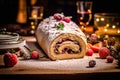 a Chocolate Yule Log Christmas cake adorned with red currants Royalty Free Stock Photo