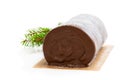 Chocolate yule log christmas cake coated with milk chocolate isolated on white Royalty Free Stock Photo