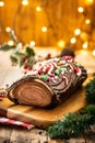 Chocolate yule log christmas cake and Christmas lights Royalty Free Stock Photo