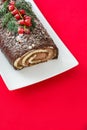 Chocolate yule log christmas cake with red currant Royalty Free Stock Photo