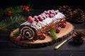 Chocolate yule log christmas cake with red currant on wooden background Royalty Free Stock Photo