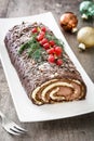 Chocolate yule log christmas cake with red currant Royalty Free Stock Photo