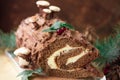 Chocolate yule log christmas cake with red currant on wooden background. Christmas chocolate yule log with decor of colored chocol Royalty Free Stock Photo