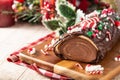 Chocolate yule log christmas cake Royalty Free Stock Photo