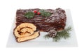 Chocolate yule log on a plate