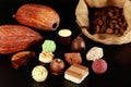 Chocolates, cocoa pods and beans