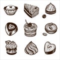 Chocolates. Hand-drawn sketch sweets, chocolate, pastry, muffin, bonbon sweetmeat. Vector illustration.