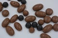 Chocolates, peanuts, nuts, raisins covered with chocolate glaze, milk and dark chocolate pebbles. Royalty Free Stock Photo