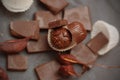 Chocolates Pieces on Gray Background. Chocolate. Fine Pieces of Chocolates. Chocolate Sweets. Horizontal image.