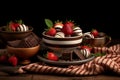 Plate and glass filled with chocolates and strawberry