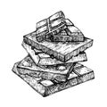 Hand drawn chocolate pyramid. Chocolate bar broken into pieces, appetizing realistic drawing.