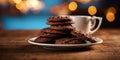 Chocolaty cookies and a warm cup on a wooden table. Royalty Free Stock Photo