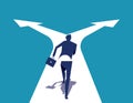 Choice. Businessman running on crossroads. Concept business vector illustration