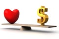 Choice concept between love and money.