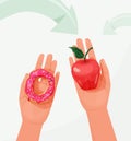 Choice food concept between healthy and unhealthy vector background. Woman hands holding red apple and sweet donut in Royalty Free Stock Photo