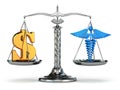 Choice health or money. Caduceus and dollar signs on scales.