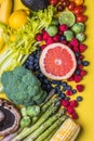 Choice of healthy food for heart, life concept on a color background with copy space top view. Foods including vegetables, fruits Royalty Free Stock Photo