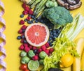 Choice of healthy food for heart, life concept on a color background with copy space top view. Foods including vegetables, fruits Royalty Free Stock Photo