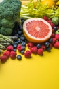 Choice of healthy food for heart, life concept on a color background with copy space top view. Foods including vegetables, fruits Royalty Free Stock Photo