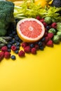 Choice of healthy food for heart, life concept on a color background with copy space top view. Foods including vegetables, fruits Royalty Free Stock Photo