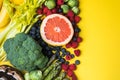 Choice of healthy food for heart, life concept on a color background with copy space top view. Foods including vegetables, fruits Royalty Free Stock Photo