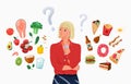 Choice between healthy and unhealthy food concept vector background. Happy young blond woman thinking about choosing Royalty Free Stock Photo