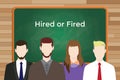 Choice between hired or fired white text illustration with four people in front of green chalk board and white text Royalty Free Stock Photo