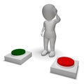 Choice Of Pushing Buttons 3d Character Shows Indecision