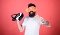 Choice between reality and VR. Alternative reality. Man making decision what choose real or virtual. Man bearded hipster