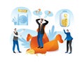 Choice about saving money in bank,vector illustration. Flat man person character ruined, bankrupt, crisis, default make