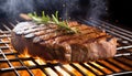 A choice steak sits on a flaming grill, moist and cooked to perfection