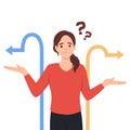 Choice, thinking, doubt, problem concept. Young pensive thoughtful confused doubtful woman girl cartoon character standing and